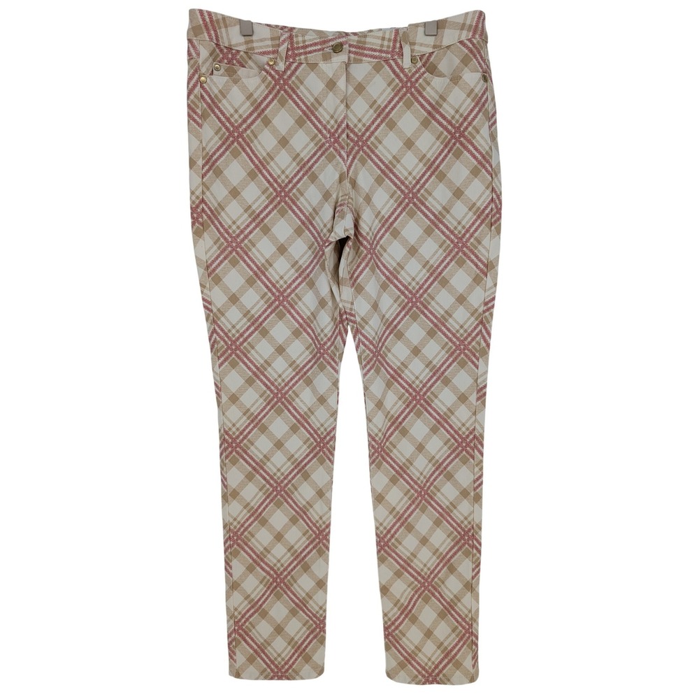 J. McLaughlin Lexi Mini‎ Linked Chain Pants 12 Cream Plaid Slim Stretch Preppy